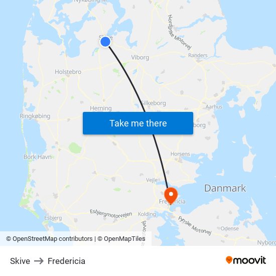 Skive to Fredericia map