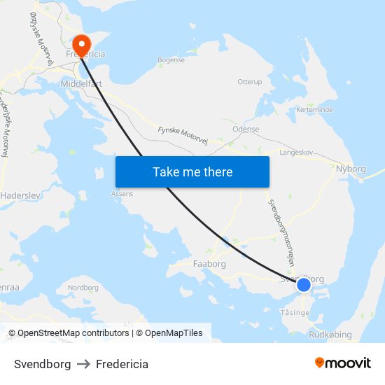 Svendborg to Fredericia map