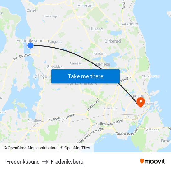Frederikssund to Frederiksberg map