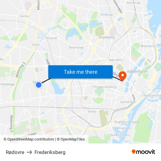 Rødovre to Frederiksberg map