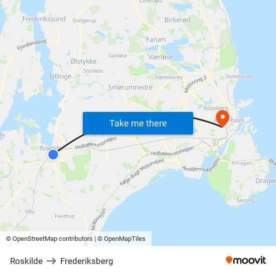 Roskilde to Frederiksberg map