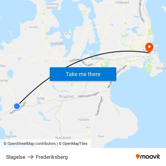 Slagelse to Frederiksberg map