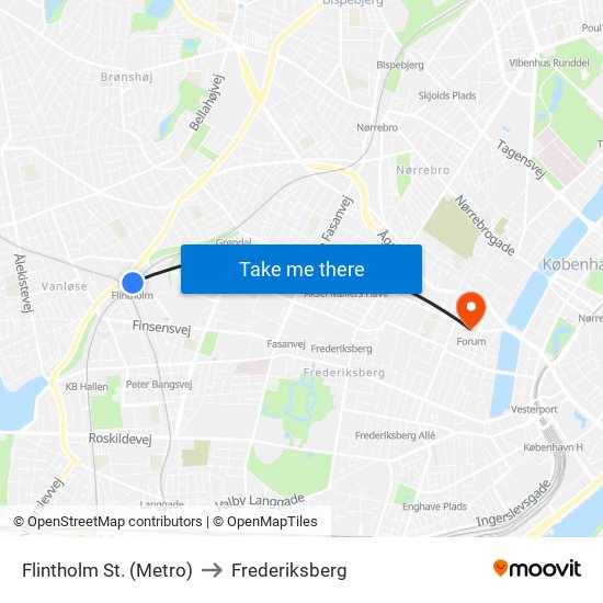 Flintholm St. (Metro) to Frederiksberg map