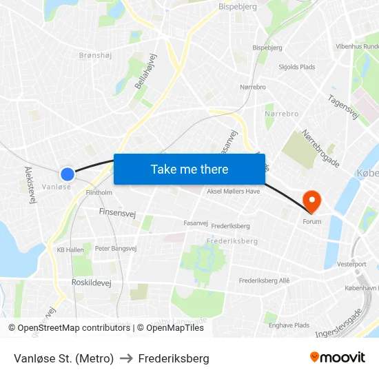 Vanløse St. (Metro) to Frederiksberg map