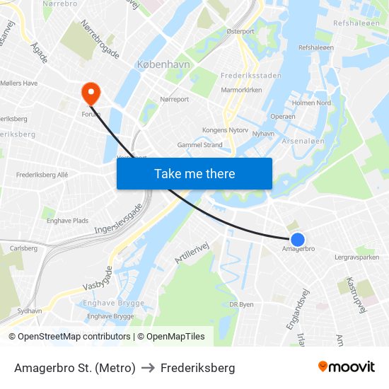 Amagerbro St. (Metro) to Frederiksberg map