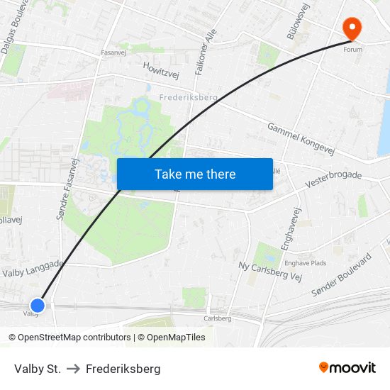 Valby St. to Frederiksberg map