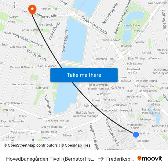 Hovedbanegården Tivoli (Bernstorffsgade) to Frederiksberg map