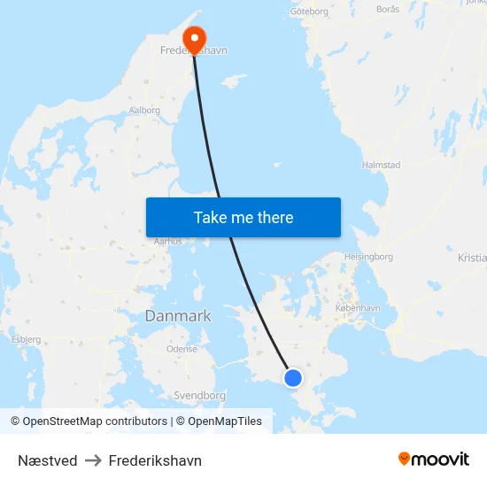 Næstved to Frederikshavn map