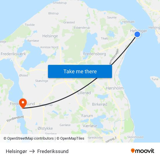 Helsingør to Frederikssund map