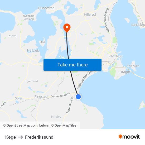 Køge to Frederikssund map