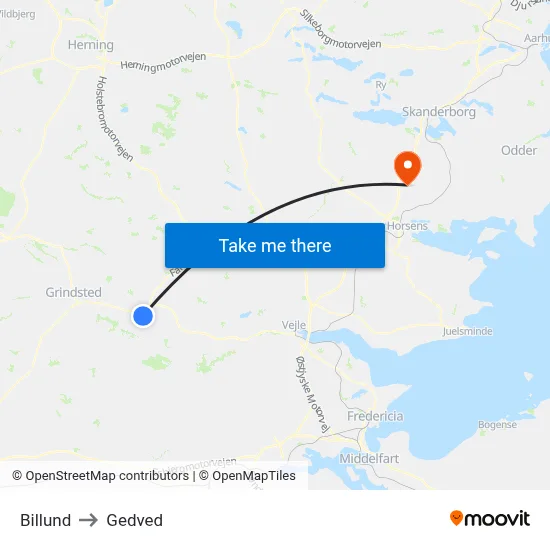 Billund to Gedved map