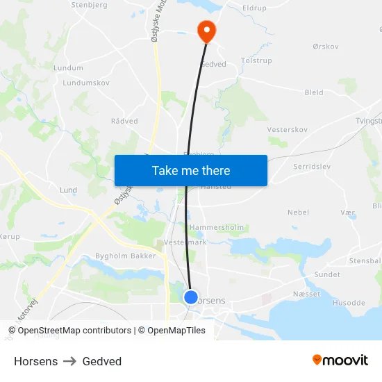 Horsens to Gedved map