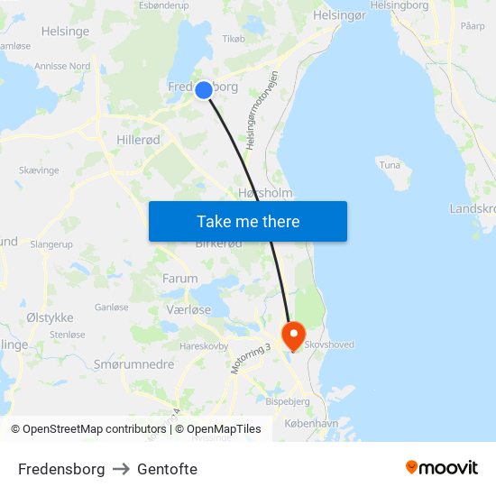 Fredensborg to Gentofte map