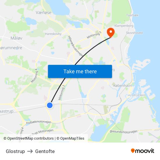 Glostrup to Gentofte map