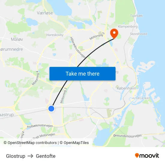 Glostrup to Gentofte map