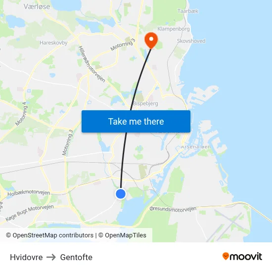 Hvidovre to Gentofte map