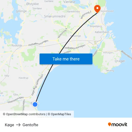 Køge to Gentofte map