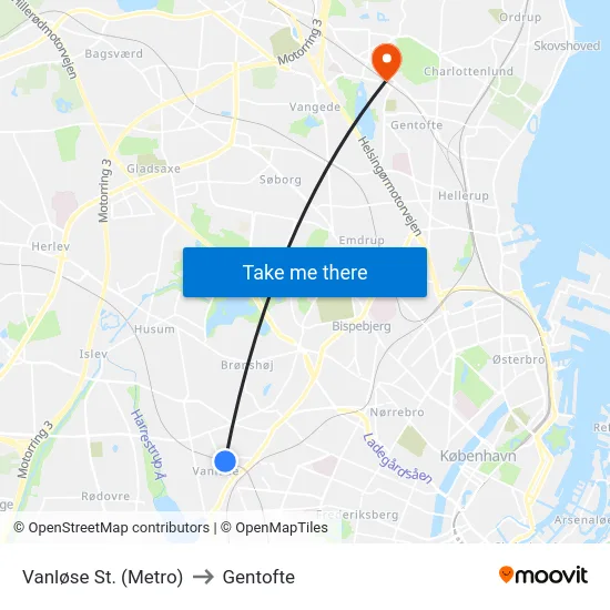Vanløse St. (Metro) to Gentofte map