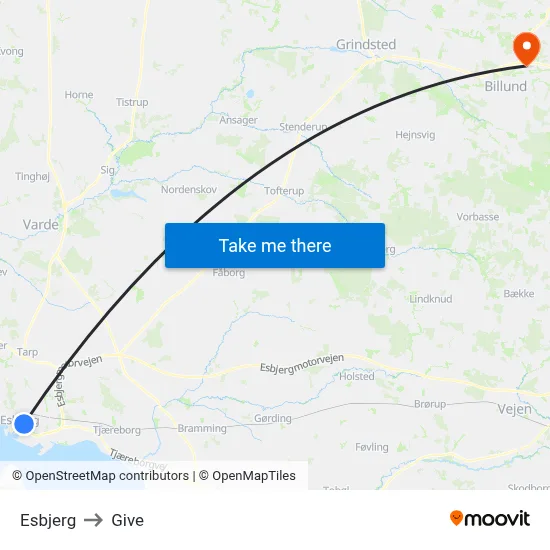 Esbjerg to Give map
