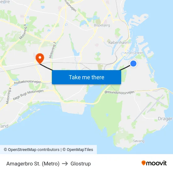 Amagerbro St. (Metro) to Glostrup map
