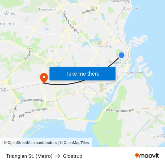 Trianglen St. (Metro) to Glostrup map