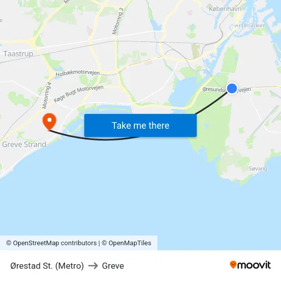 Ørestad St. (Metro) to Greve map
