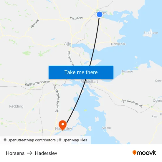 Horsens to Haderslev map