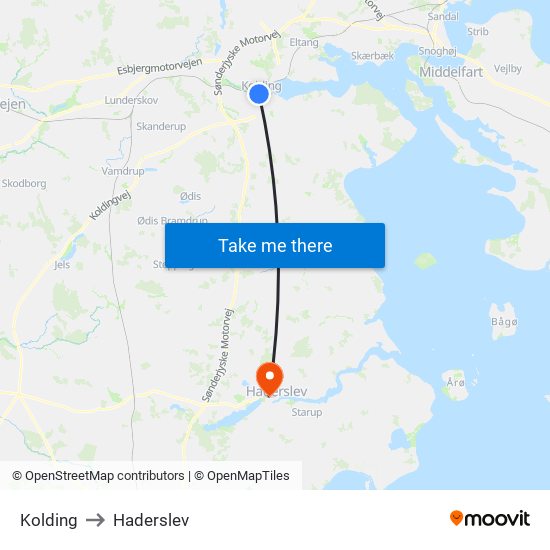 Kolding to Haderslev map