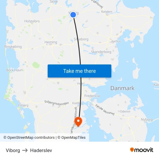 Viborg to Haderslev map