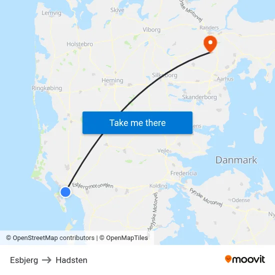 Esbjerg to Hadsten map