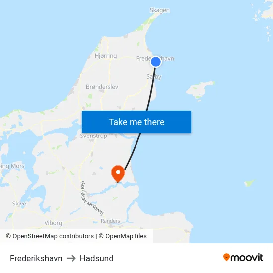 Frederikshavn to Hadsund map