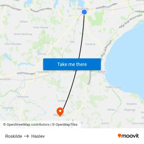 Roskilde to Haslev map
