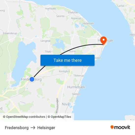 Fredensborg to Helsingør map