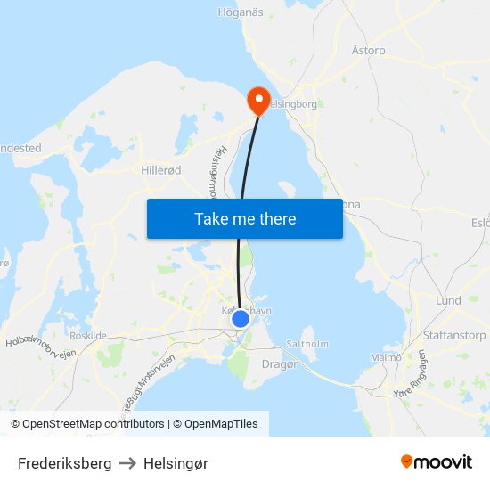 Frederiksberg to Helsingør map