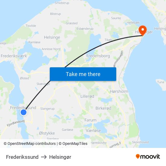 Frederikssund to Helsingør map