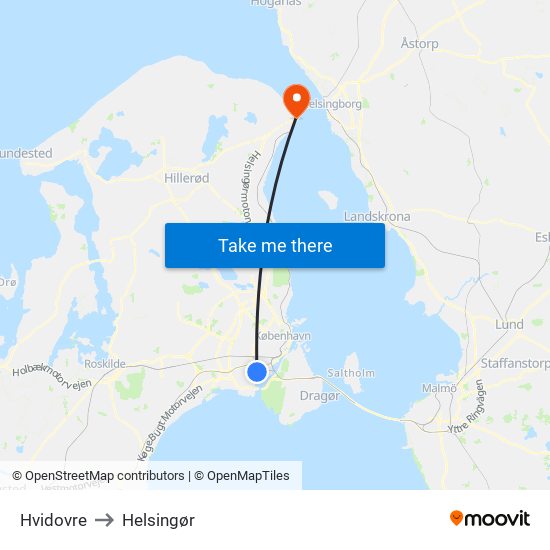 Hvidovre to Helsingør map