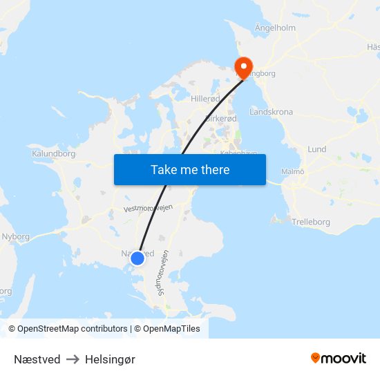 Næstved to Helsingør map