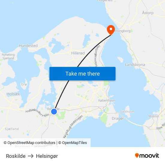 Roskilde to Helsingør map