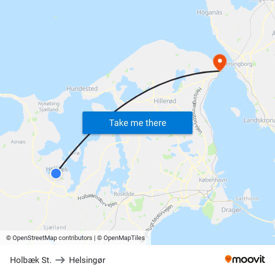 Holbæk St. to Helsingør map