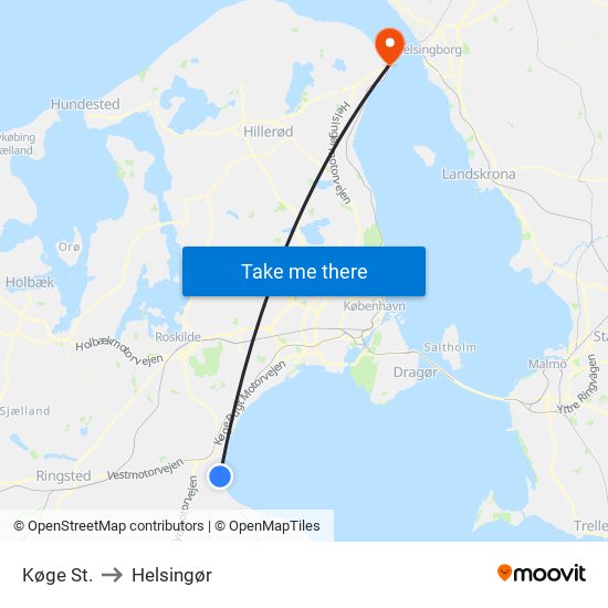 Køge St. to Helsingør map