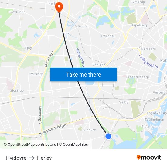 Hvidovre to Herlev map