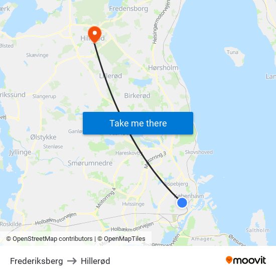Frederiksberg to Hillerød map