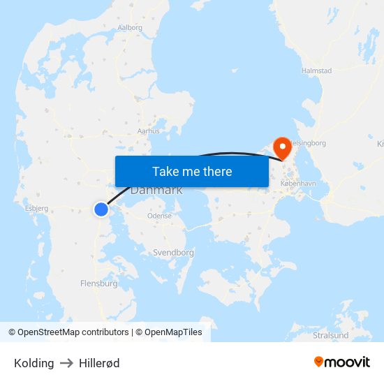 Kolding to Hillerød map