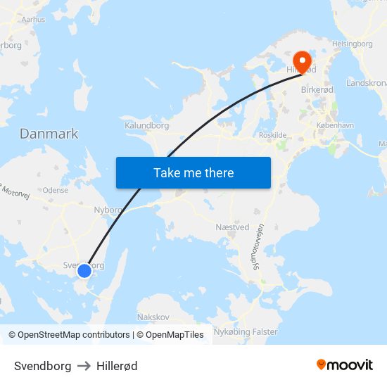 Svendborg to Hillerød map