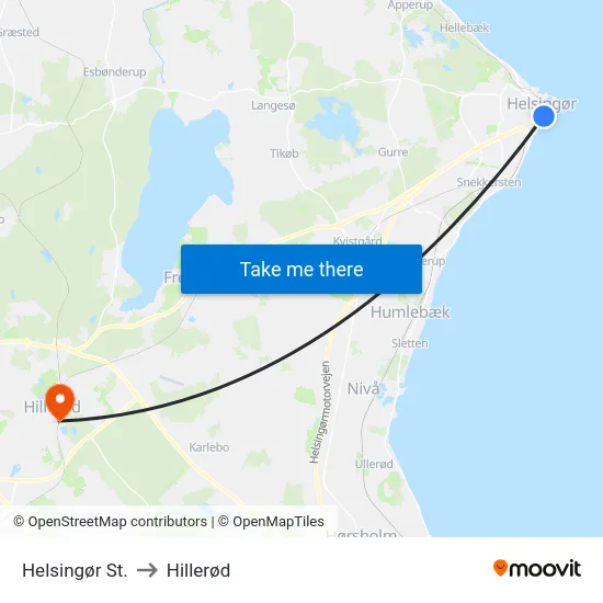 Helsingør St. to Hillerød map