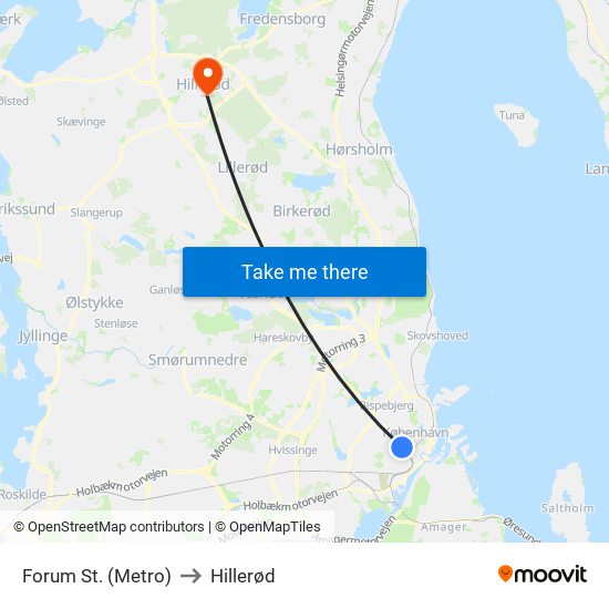 Forum St. (Metro) to Hillerød map
