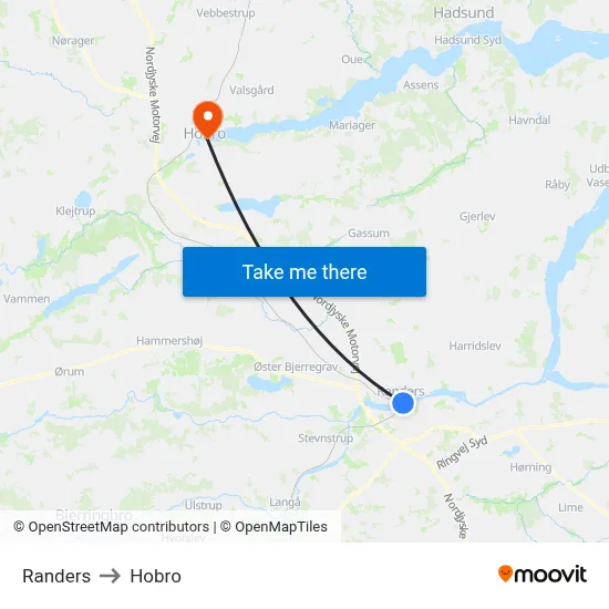 Randers to Hobro map