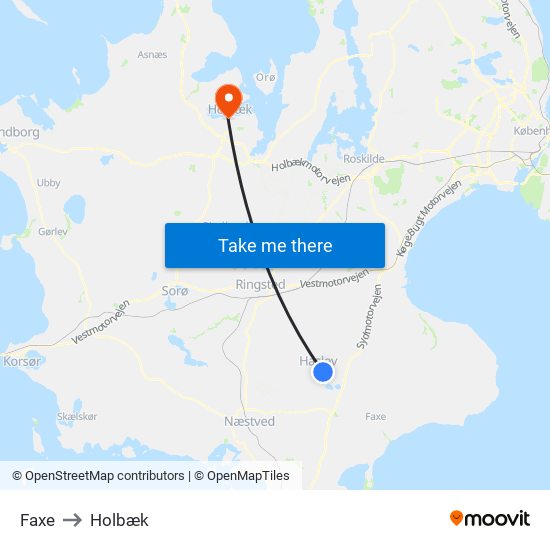 Faxe to Holbæk map