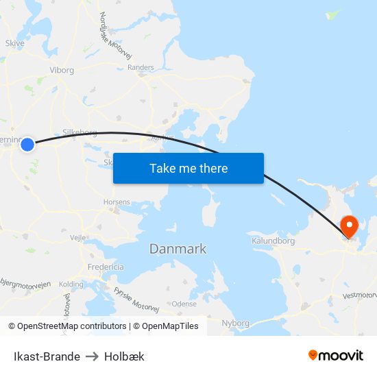 Ikast-Brande to Holbæk map