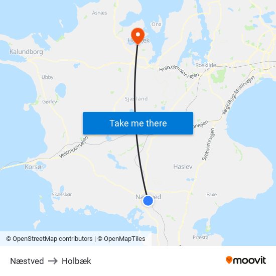 Næstved to Holbæk map